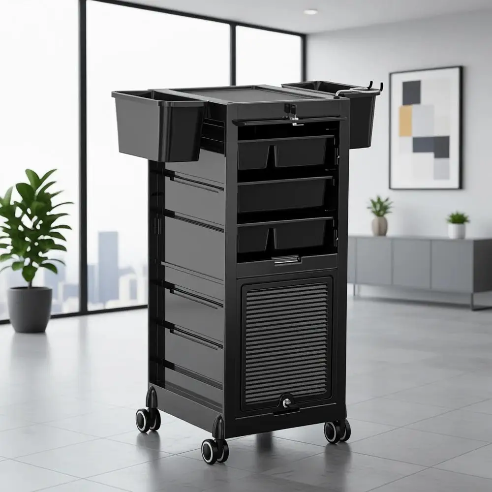 

Professional Hair Styling Trolley with Lockable Doors, Organizer, and Tools Holder for Salon and Barbershop