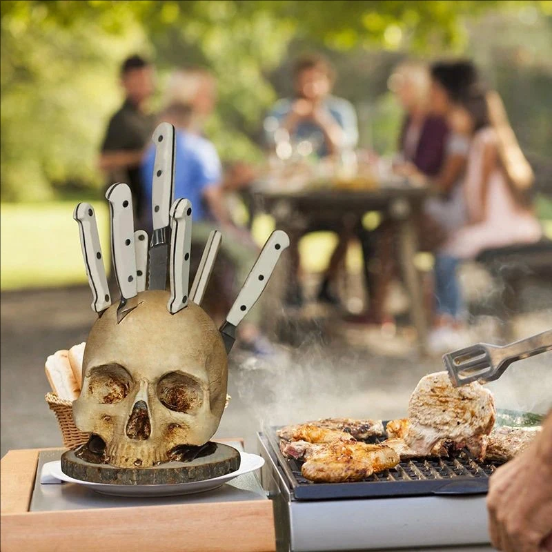 

Creative Skull Chef Knife Storage Rack 7 Slot Restaurant Household Fruit Peeler Knife Holder Desktop Scary Skeleton Knives Block