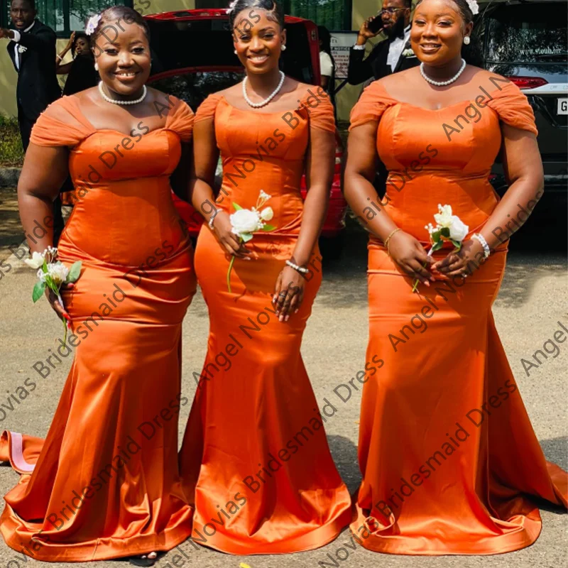 

African Plus Size Orange Bridesmaid Dresses Off Shoulder Customized Wedding Prom Party Gowns vestido de madrinha de casamento