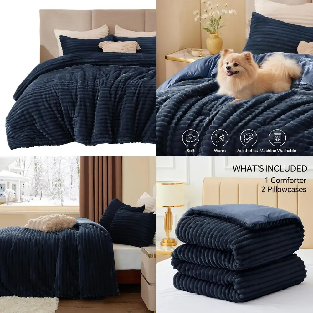 طقم لحاف كوين كبير الحجم باللون الأزرق الداكن فائق النعومة - سرير منفوش مع كيس وسادتين لليالي الشتاء المريحة