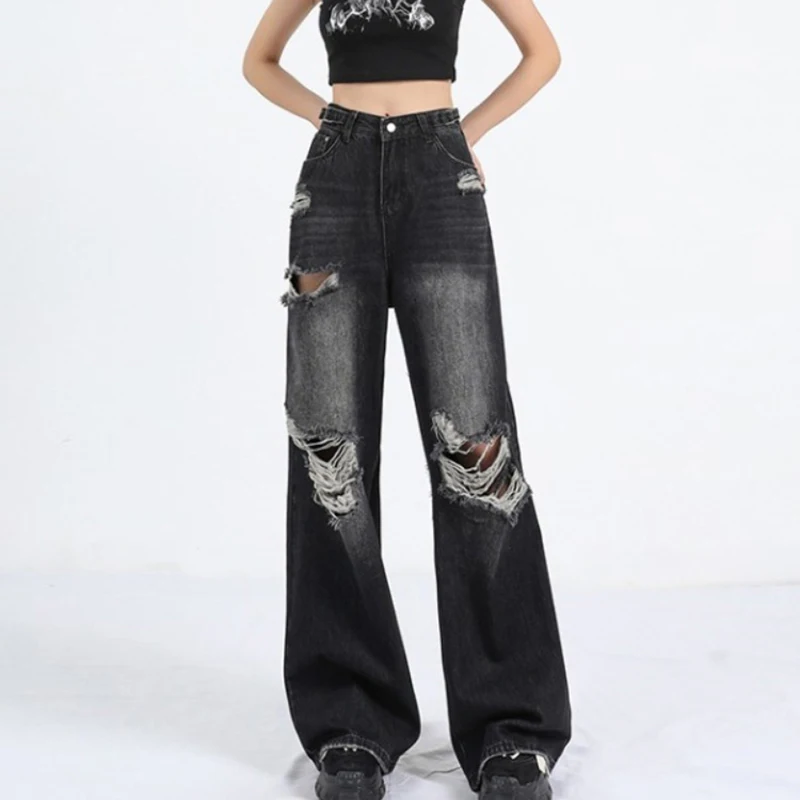 Women's Ripped Jeans Y2K High Street Boyfriend Pants Retro Washed Black Straight Leg Jeans 2024 Street Fashion