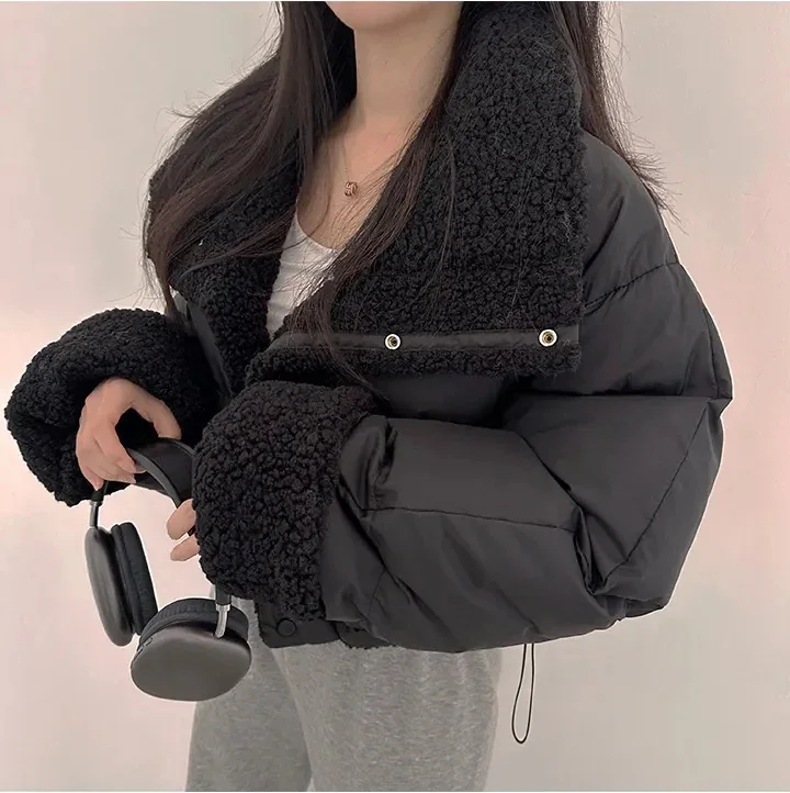 Thick Warm Short Stand-up Collar Lambswool Coat Cotton-padded Jacket 2024 Winter Korean Chic All-match Casial Tops Parkas