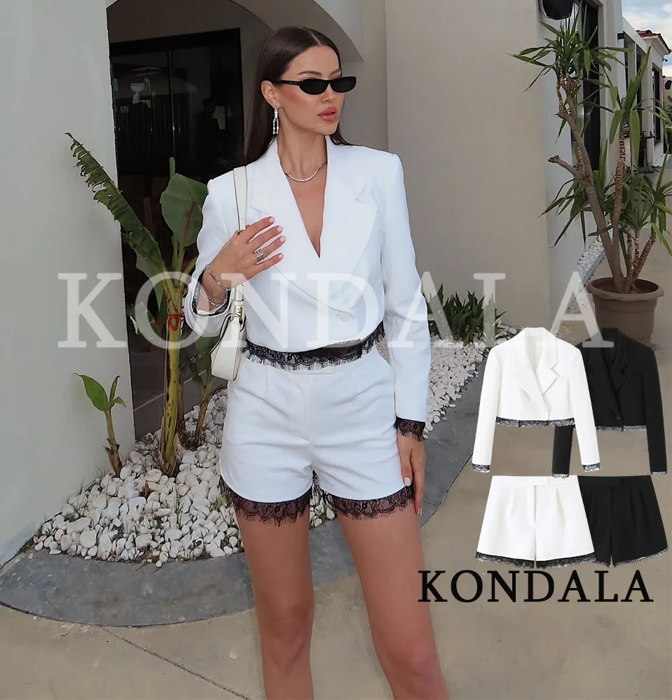 KONDALA Damen Trendiges Spitzen-Blazer-Set Schwarzer Kurzblazer mit Revers und Taschen Shorts Neue Mode 2026 Frühling Sommer Party Büro Damen-Set
