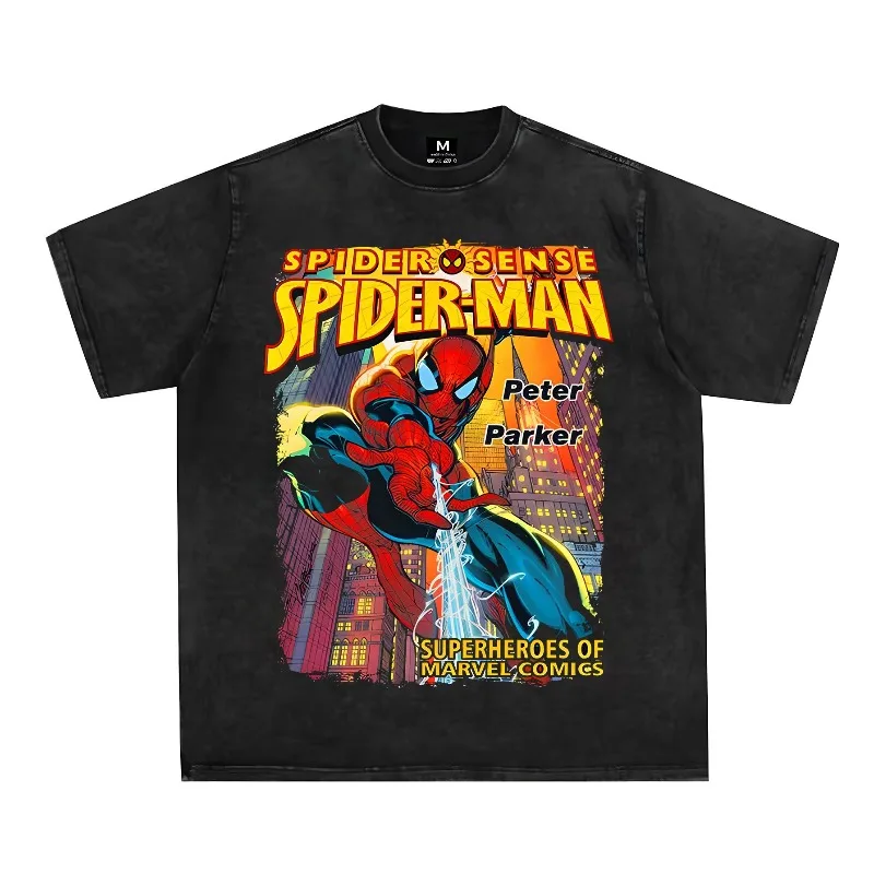 

Heavy Duty Marvel Spider Man T-shirt, Washed and Aged, Suitable for Both Men and Women in All Four Seasons, and Casual Wear