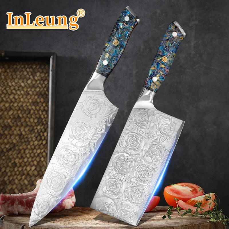 1-2Pcs Kitchen Knife Set Sharp Slicing Knife Chopping Knife Rose Pattern Etched Blade Ergonomic Handle Household Cooking Cutlery