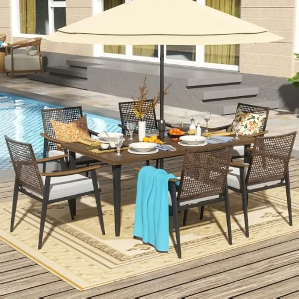 7 Piece Patio Dining Table, 6 Rattan Chairs with Cushions and 70” Dining Table with 1.65'' Umbrella Hole,Outdoor Dining Table