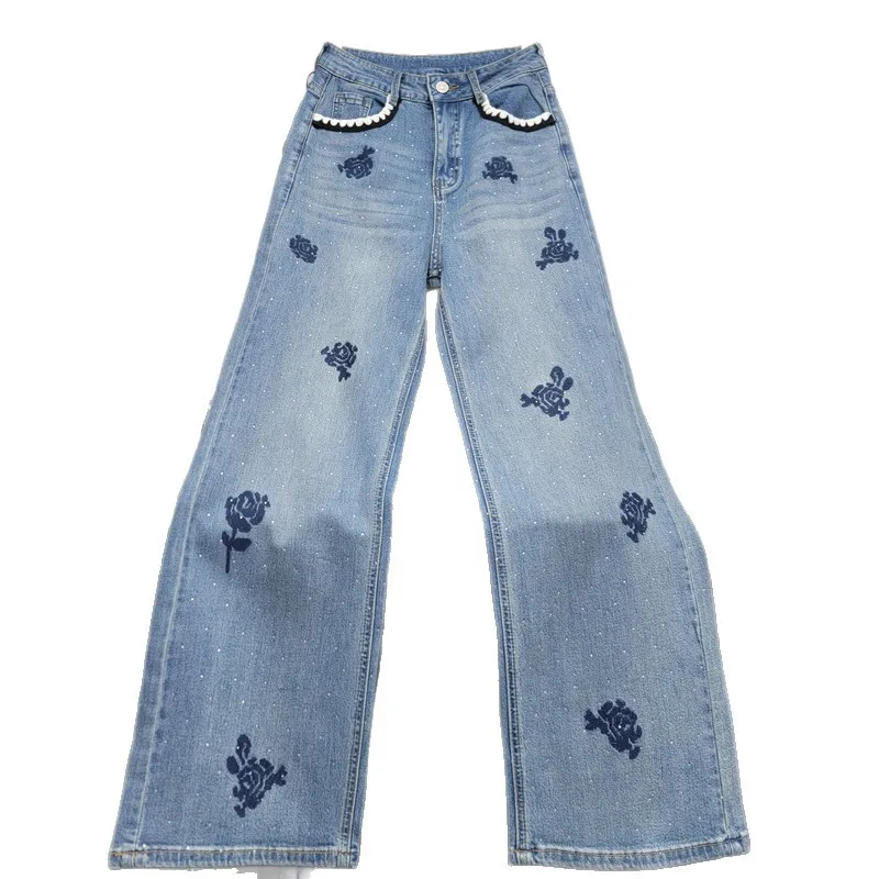 WTHT New Women Embroidery Flower Diamonds Pearl Design Straight Jeans 2026 Spring Fashion High Waist Denim Pants Female 1LS2917