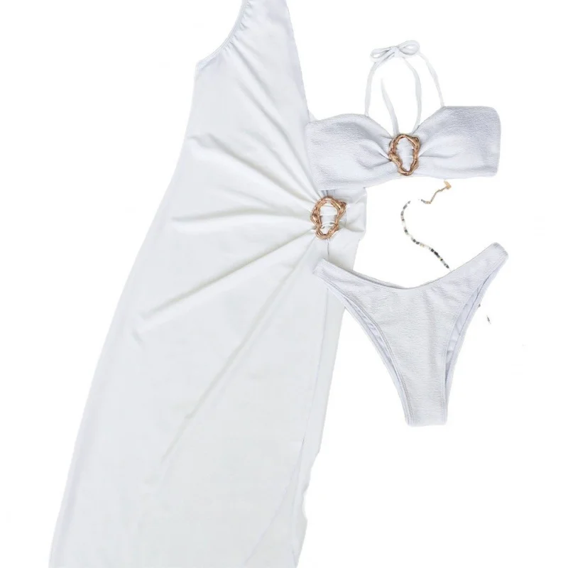 Dreiteiliges Badeanzug-Set, 2025, neuer Stil, Bikini, sexy, einfarbig, zweiteilig, trägerlos, mit einzelner Schulterüberzug