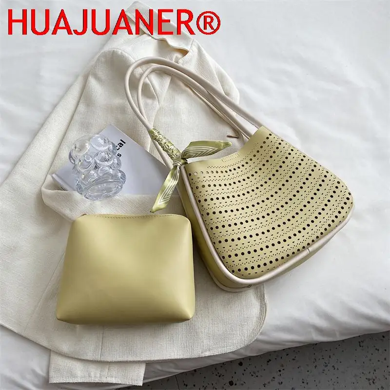 Hollow Design กระเป๋าสะพายไหล่ชุดผู้หญิง Syal Sutra Decor Tote Shopper พร้อมกระเป๋าถือขนาดเล็ก2023ฤดูร้อนขนาดใหญ่ความจุกระเป๋า Hobo