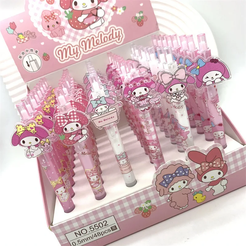 Imagem -05 - Sanrio Anime Gel Canetas Caneta de Tinta Preta Papelaria Kawaii Presentes de Graduação do Estudante Autêntico Kuromi Melody Cinnamoroll 0.5 0.5 48 Pcs