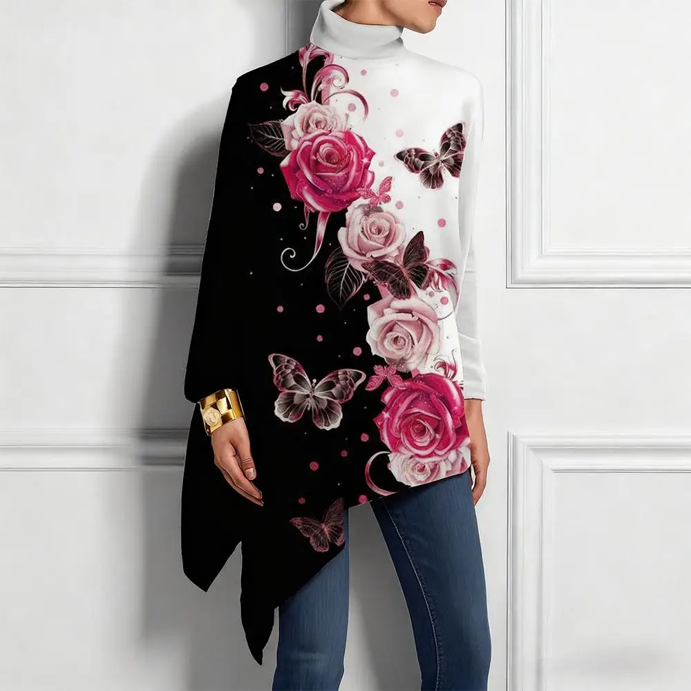 

Women's Autumn Elegant Baroque Long-Sleeved Bohemian Style Art Print Clothes Fashionable Casual High-Neck Asymmetrical Cloak Top