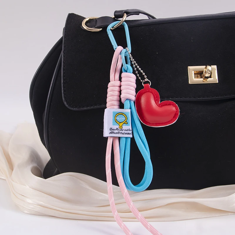 New Simple Love Bag Pendant Schoolbag Woven Lanyard High-end Peach Heart Phone Keychain Accessories Charm