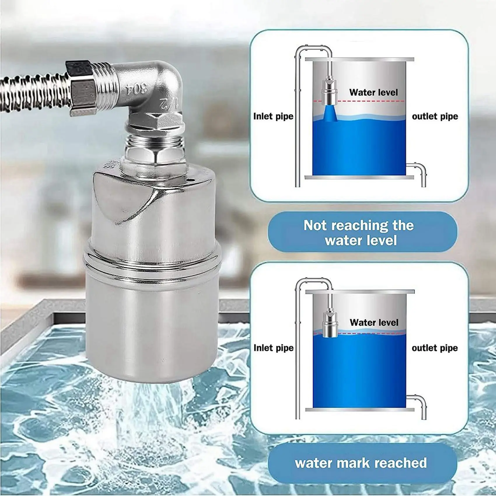 AT05-2X Automatic Water Level Control Valve 1/2 Inch Stainless Steel Float Ball Valve For Tank Swimming Pool Elbow
