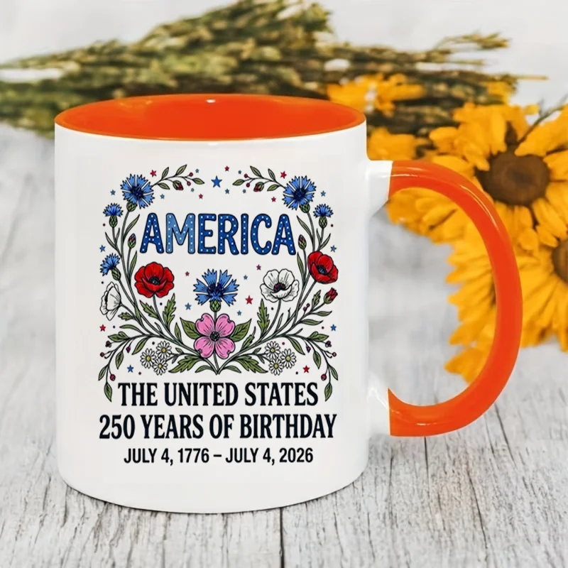 America Flower Wreath United States 250th Birthday Print Ceramic Coffee Mug 11oz 350ml Personalized Custom Colorful Print Cute A
