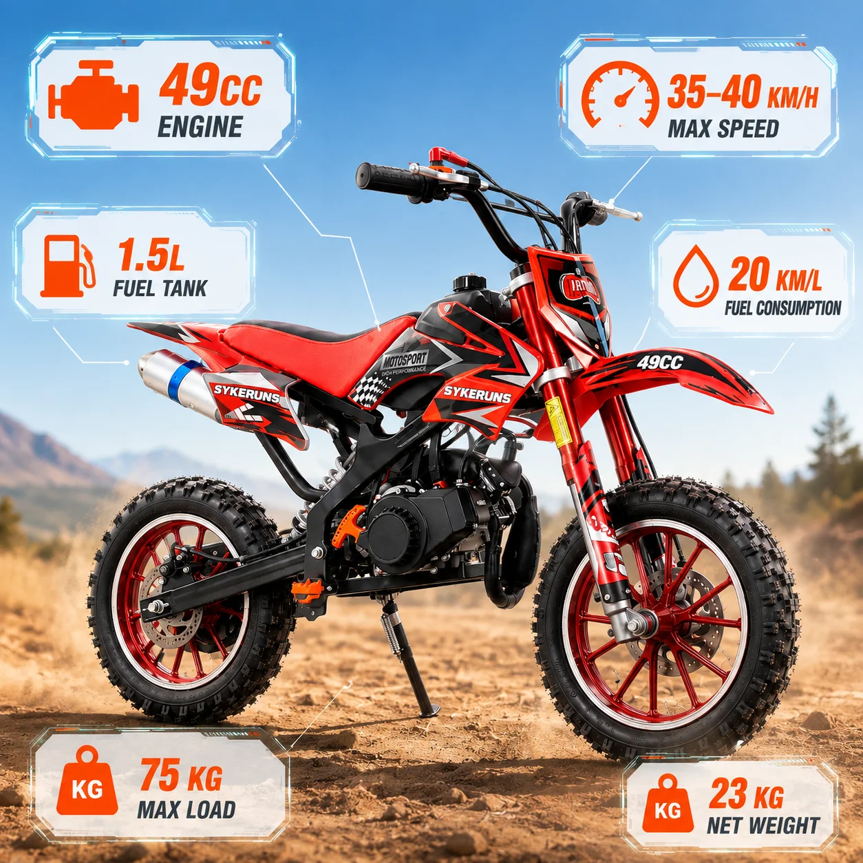 SYKERUNS 49CC Gas Mini Dirt Bike  2 Stroke Off Road Motorcycle 35-40KM/H Pull Start Disc Brake Pit Bike 2.5-10 Tires