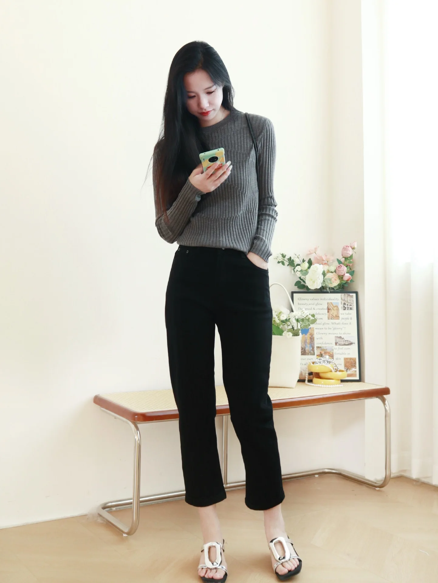 Birdtree, Silk Cashmere Wool Elegant Bottom Sweater, Women Long Sleeve ONeck, Casual Simple Slim Top, 2024 Fall Winter T48165QM