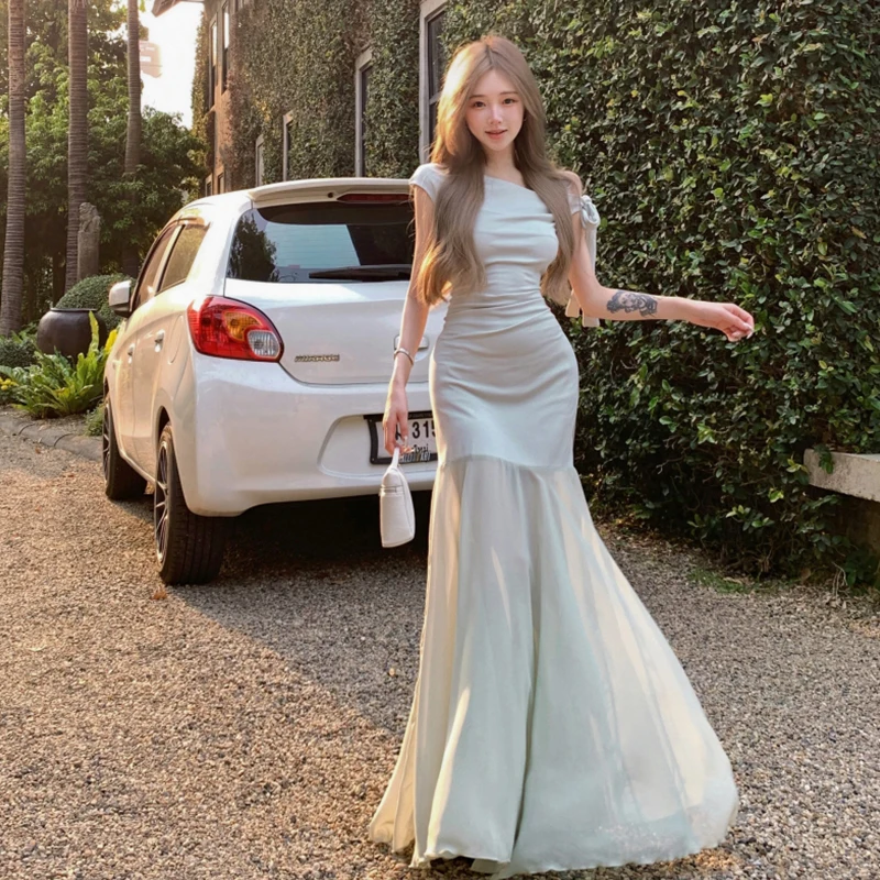 النمط الفرنسي الأخضر خارج الكتف فستان طويل المرأة شاطئ البحر عطلة شبكة المرقعة فساتين ماكسي