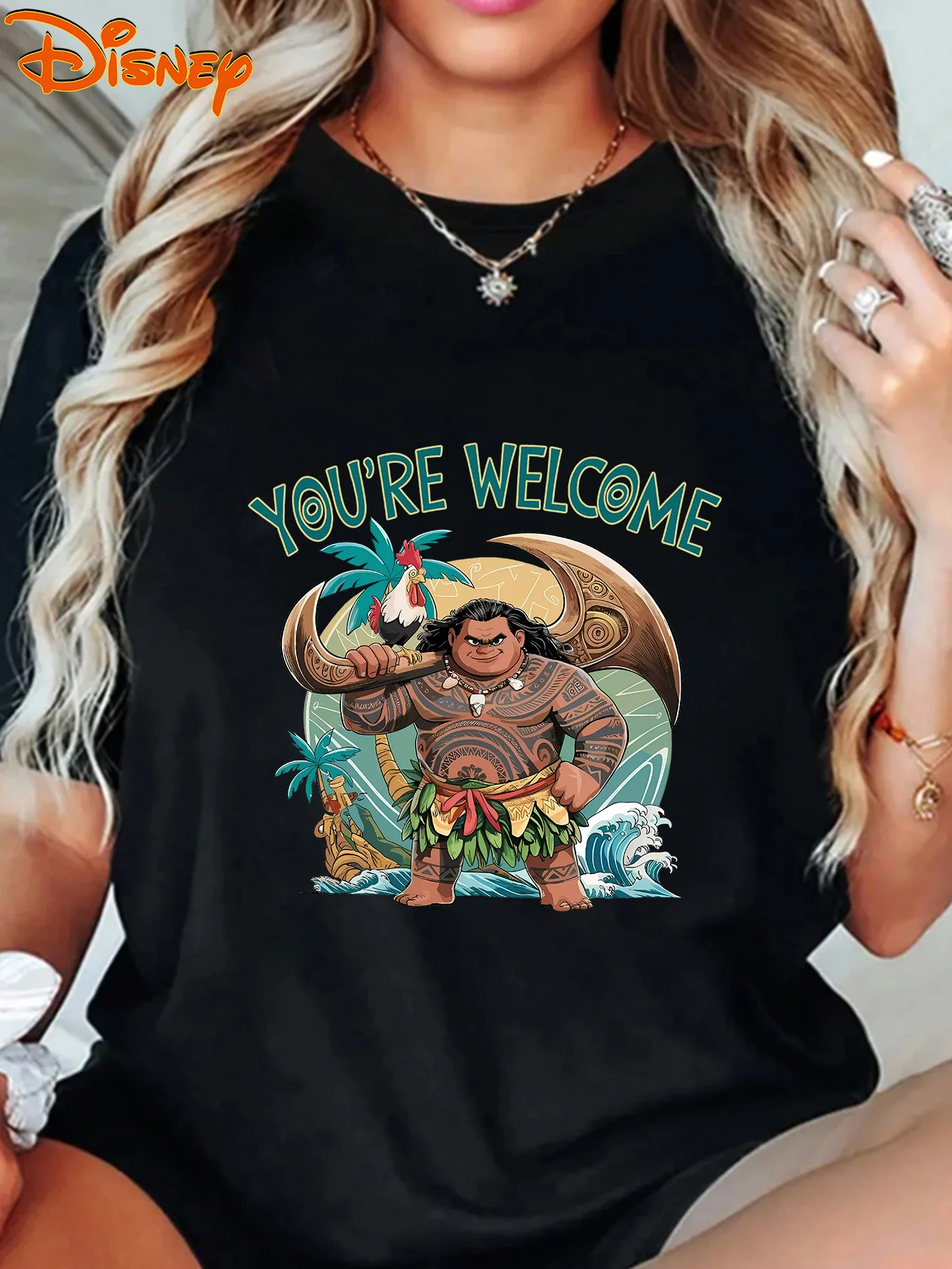 

Disney Moana & Maui Graphic T-Shirt for Women - "You're Welcome" Design, Light Blue Casual Summer Tee with Vibrant Cartoon Print