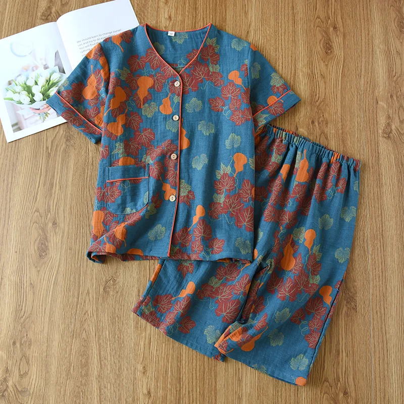 2026Japanese Spring/Summer New Women's Pajama Set 100% Cotton Crepe Short Sleeve+Capris Two Piece Ladies Thin Home Suit Cardigan