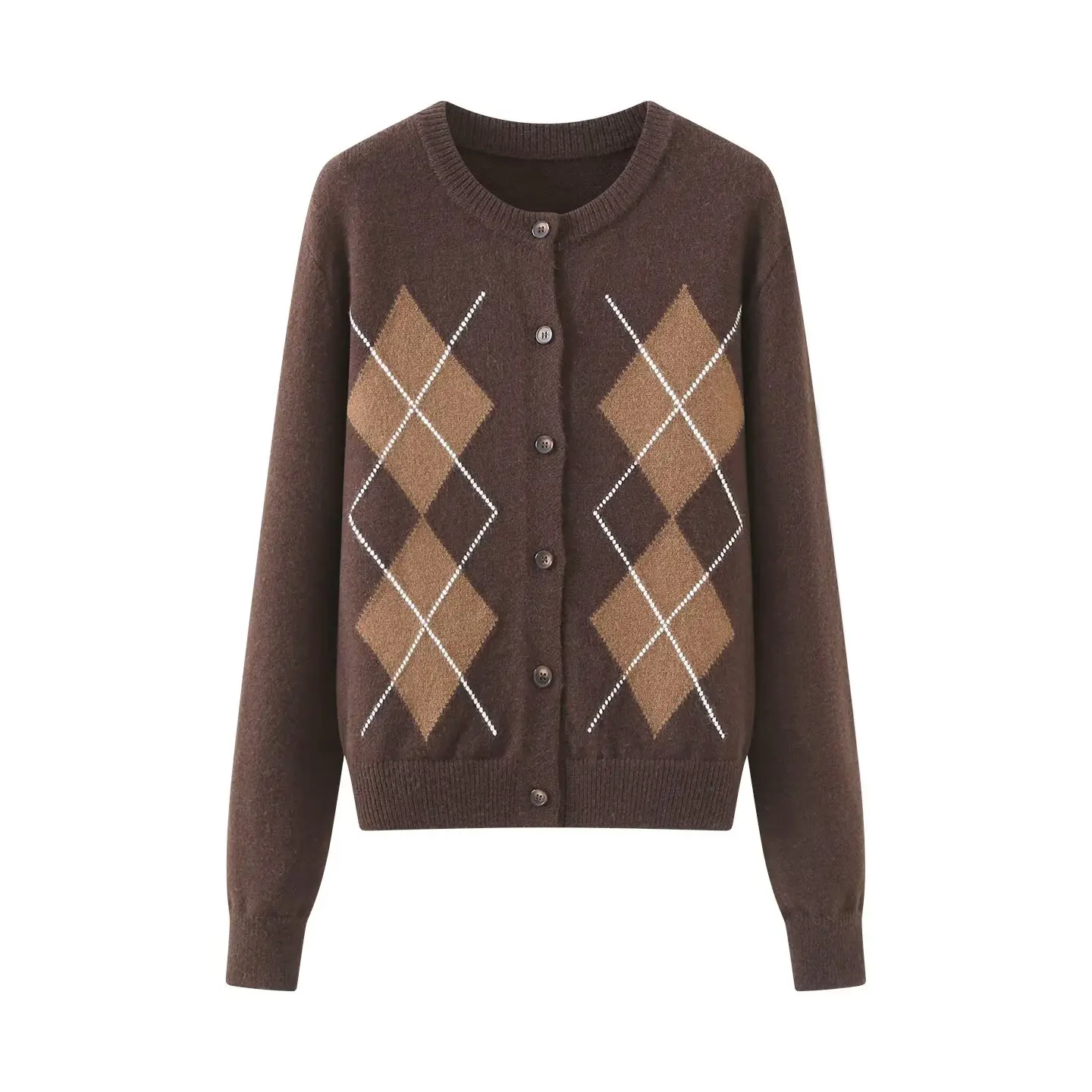 

Женский кардиган в стиле ретро с ромбовидным сетчатым узором и круглым вырезом, однобортное вязаное пальто, модная повседневная женская короткая куртка