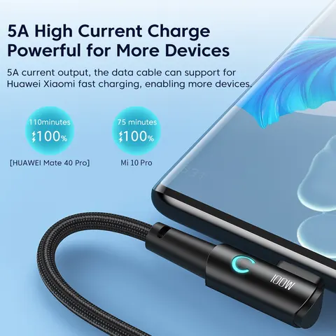 Toocki 100W USB-C кабель 90° для быстрой зарядки iPad, MacBook, Xiaomi, Samsung — детальный вид товара