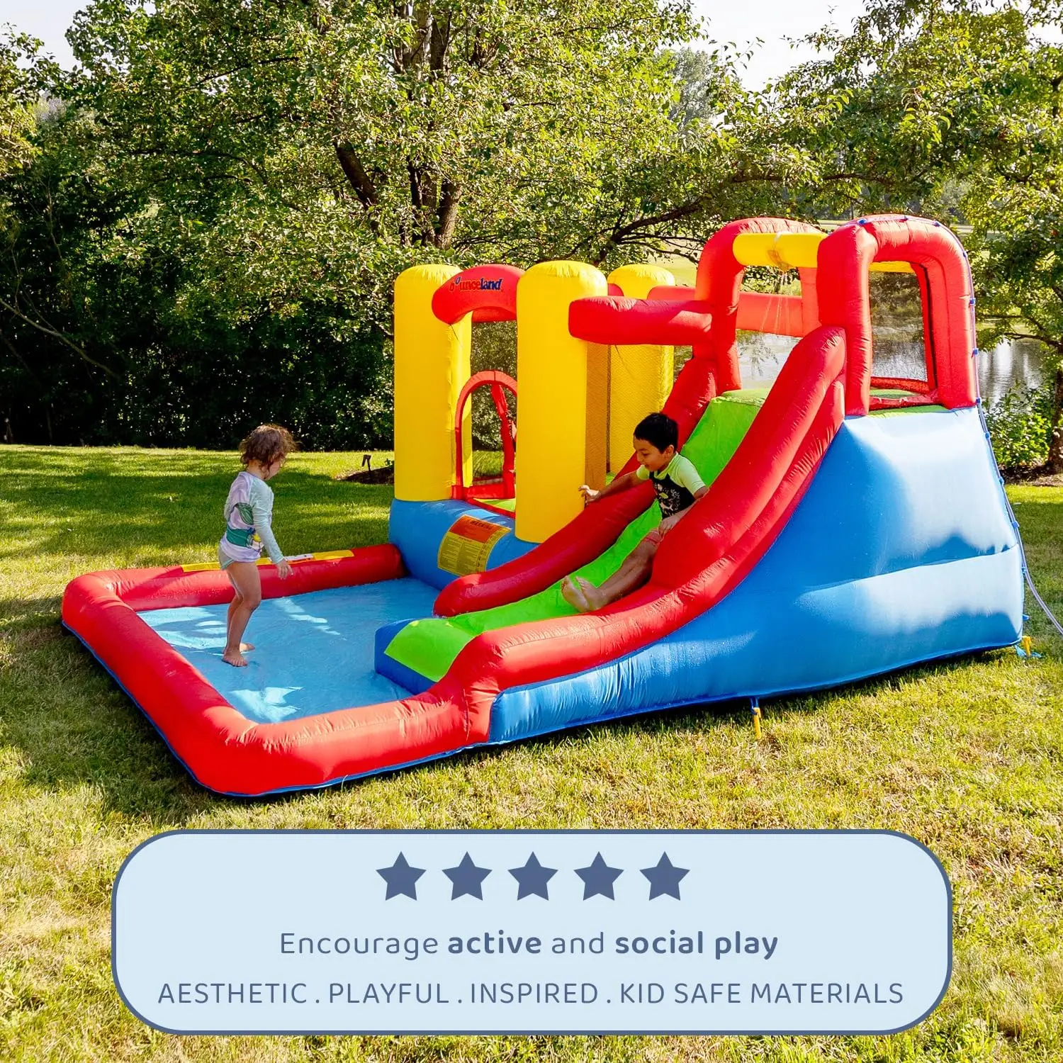 Large Inflatable Bounce House with Water Slide, Pool, Basketball Hoop & Climbing Wall - UL Certified Blower Included