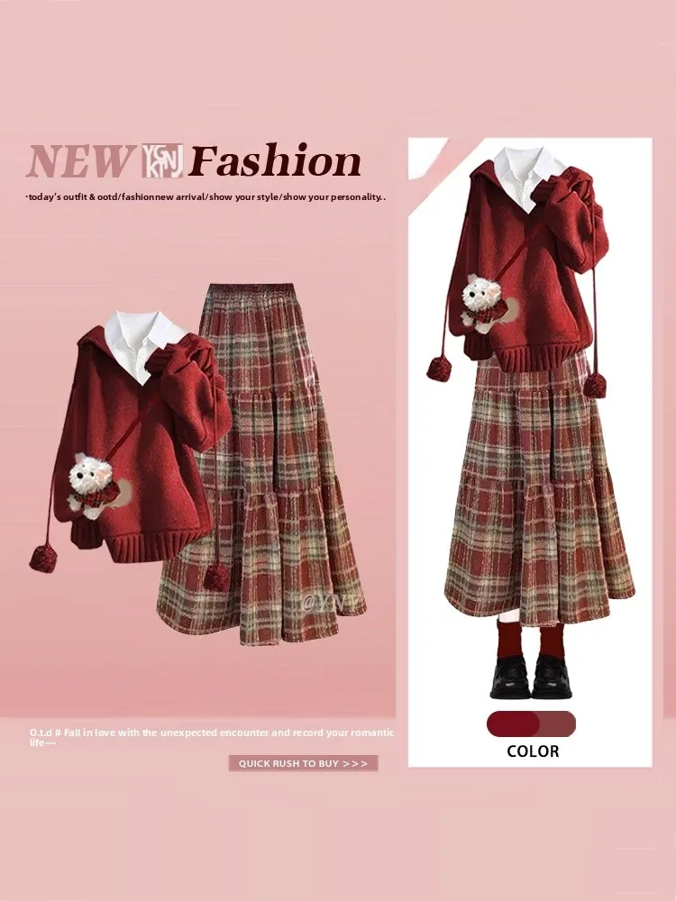 

Красный клетчатый комплект: юбка и топ с капюшоном, женский зимний повседневный модный наряд для Нового года, комплект из двух предметов