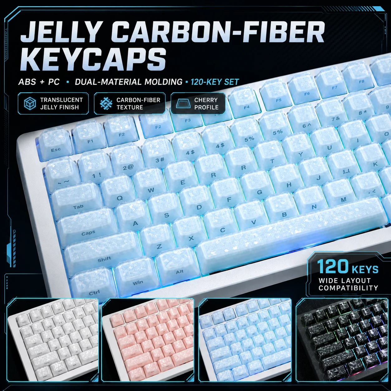 2026 New Forged Carbon Fiber Pattern Keycaps Cherry Height– Side-Engraved, Backlit PC for Original Magnetic Switches 120 Keys