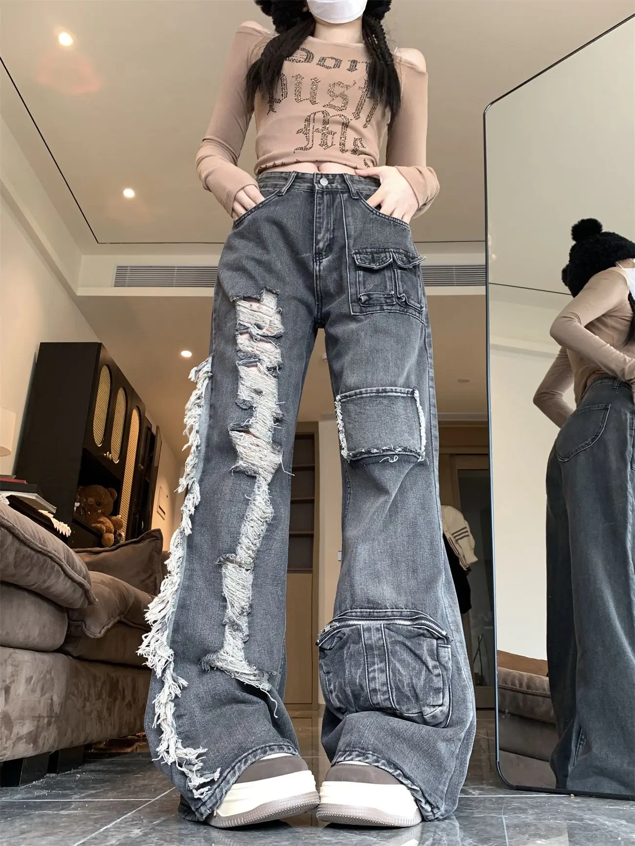 

Women's Black And Gray Ripped Pocket Spliced ​Zipper Jeans Y2k American 90s Hip-Hop Street High Waist Loose Pants 2000s Jeans