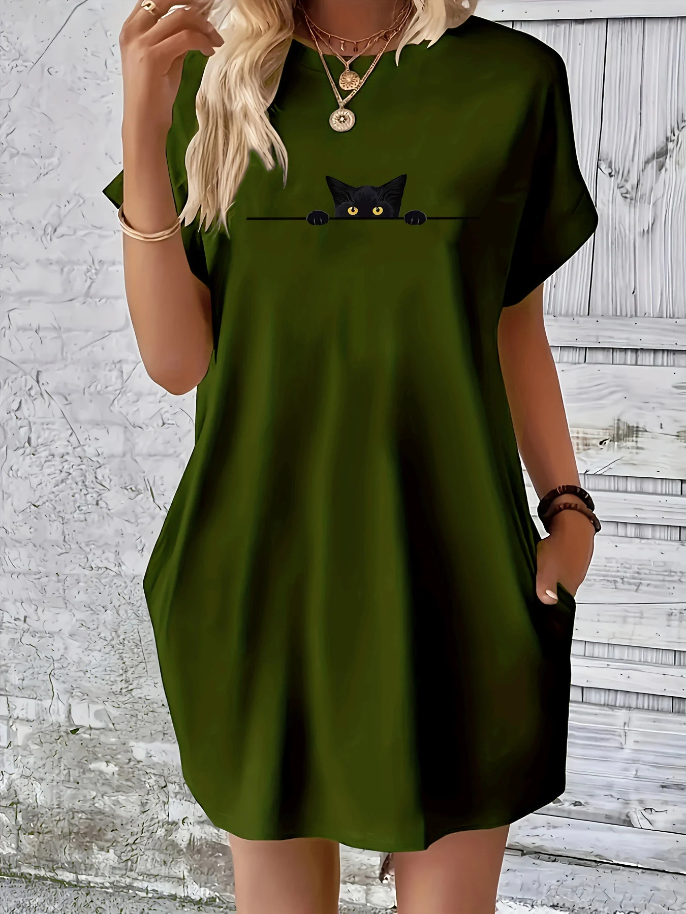 女性の夏ルーズ大パーソナライズされた猫柄プリントラウンドネック半袖ポケット快適なカジュアルドレス