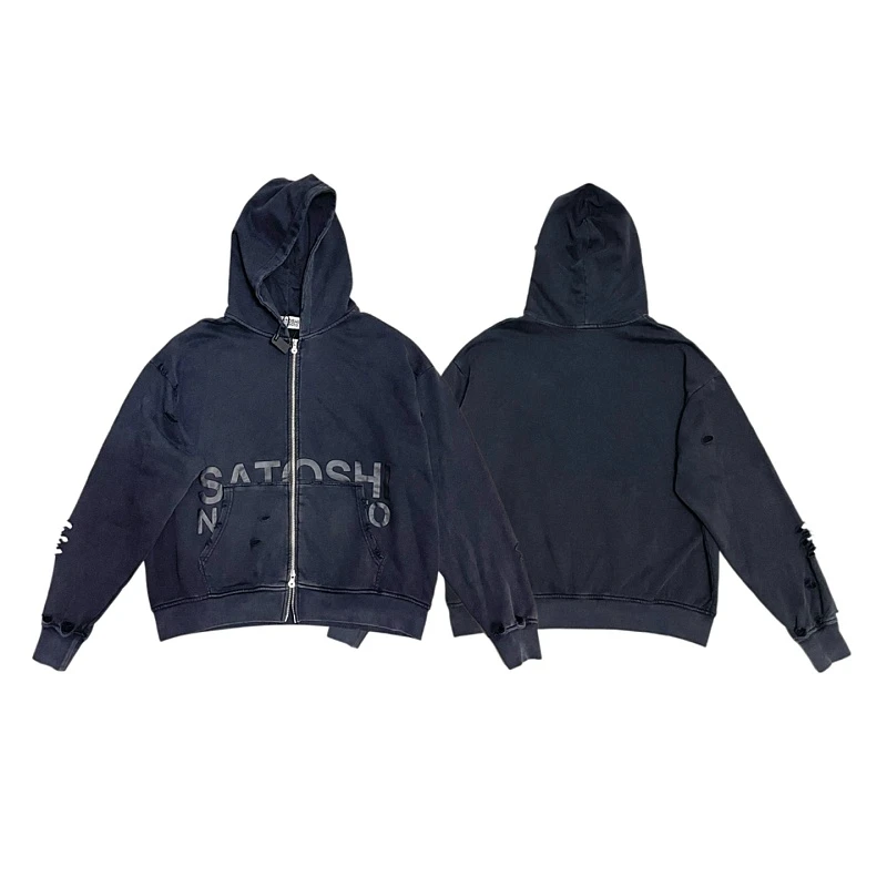 2026 New Satoshi Letter Print Destroyed Hooded Jacket Retro Washed Ripped Zip Hoodie Men Women