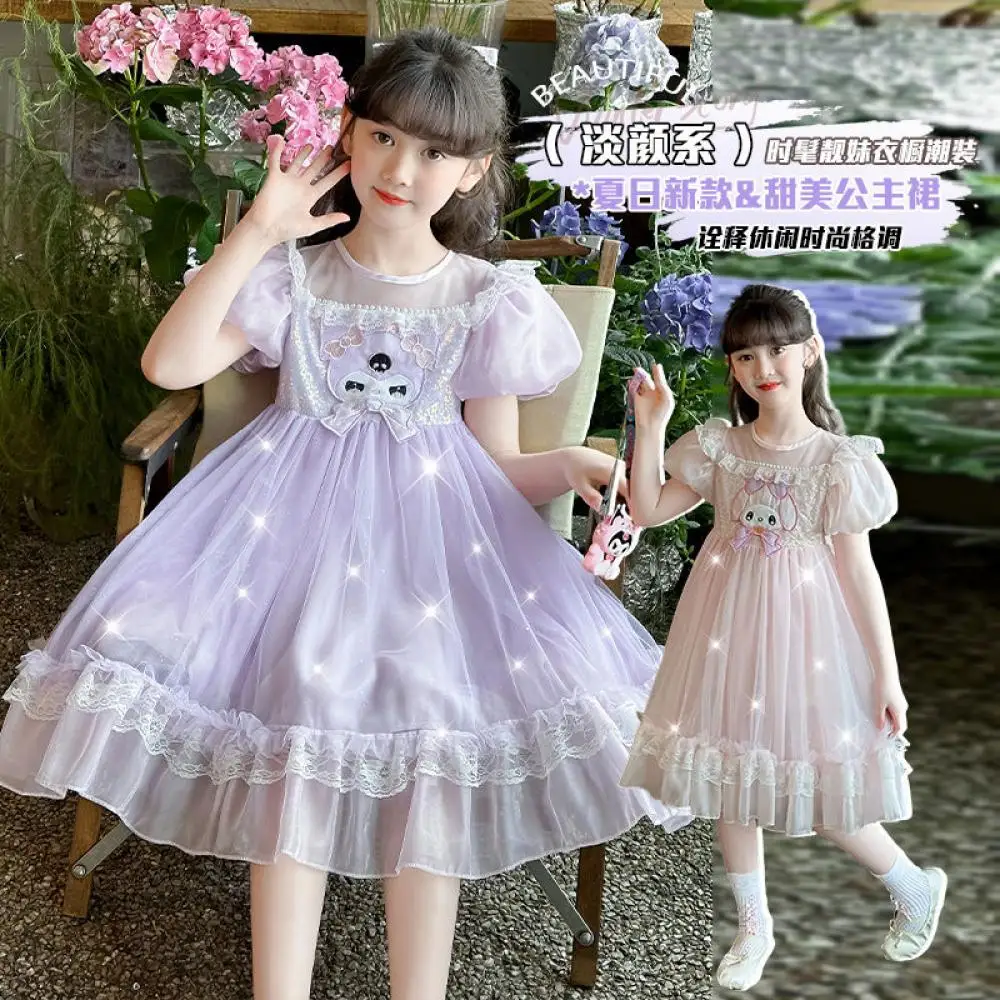 

Sanrio Girls Dress Kuromi Summer New Child Cartoon Princess Skirt Sweet Short Sleeve Puffy Skirt Birthday Party Clothing Gift