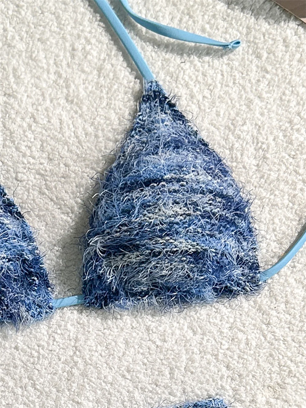 Sexy Gradient Blue Beach Bikini Knitted Fuzzy Swimming Suit Women Swimwear Retro String Swimsuit 3Piece Knitwear Vacation Outfit