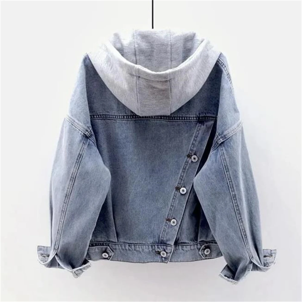 Jean Coat Female Plus Velvet Blue Deconstructable Hooded Turn-down Collar Denim Jacket Women Loose Button Patchwork Outwear