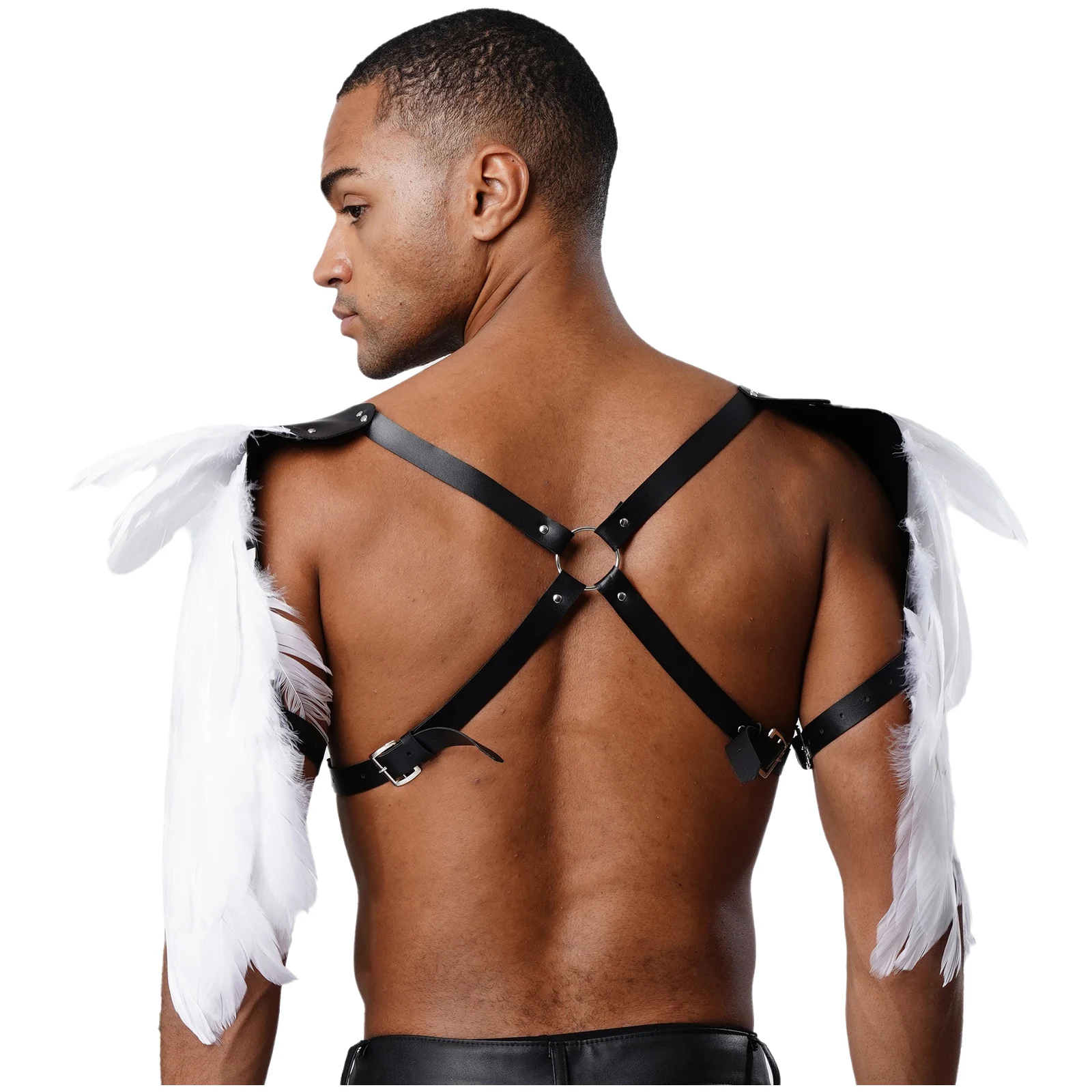 

Men Gothic Punk Feather Shoulder Straps Top Halloween Cosplay Accessories Rivets O-ring Linked Chest Harness Shrugs Shawl Cape