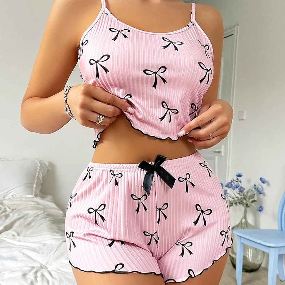 2Pcs/Set Casual Two-Piece Set Sling Pajama Set Round Neck Bowknot Print Camisole Set Backless Breathable Homewear for Women