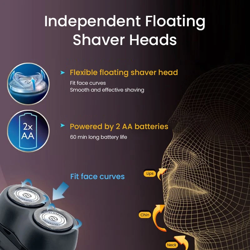 ماكينة حلاقة كهربائية فيليبس PQ206 برأس عائم، ماكينة حلاقة جافة، بطارية AA، شفرات شحذ ذاتية، رأس ماكينة حلاقة قابلة للفصل، محمولة