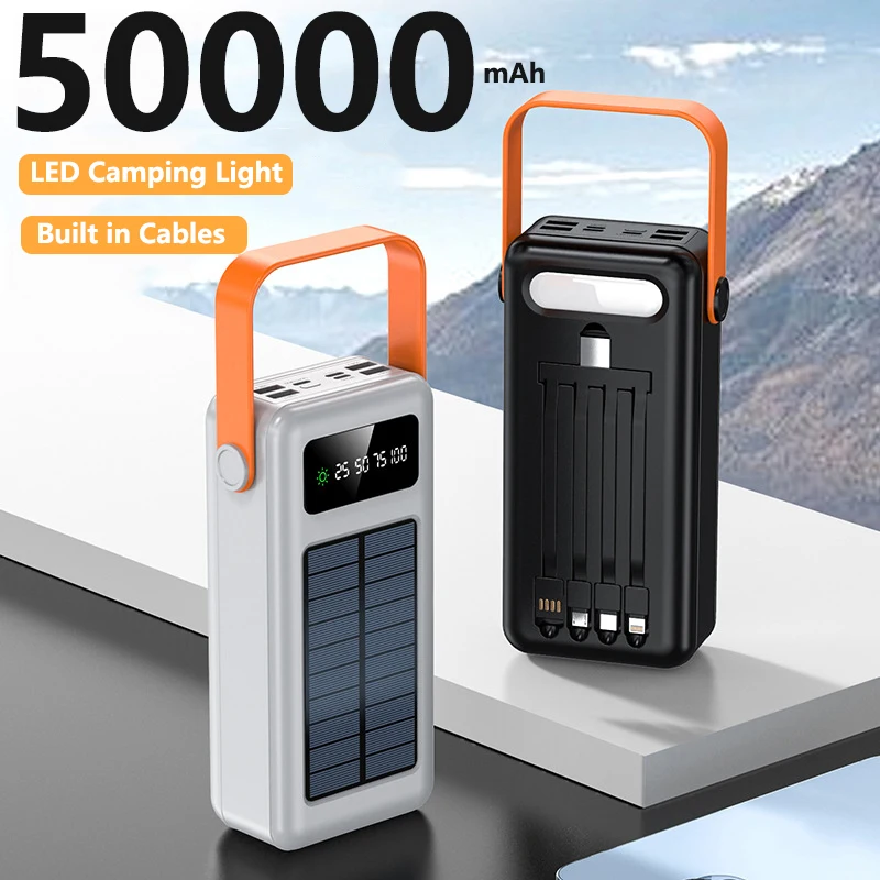 

50000mAh Solar Power Bank Built in Cable Portable Charger External Battery Pack Powerbank 50000 For iPhone Xiaomi Samsung Huawei