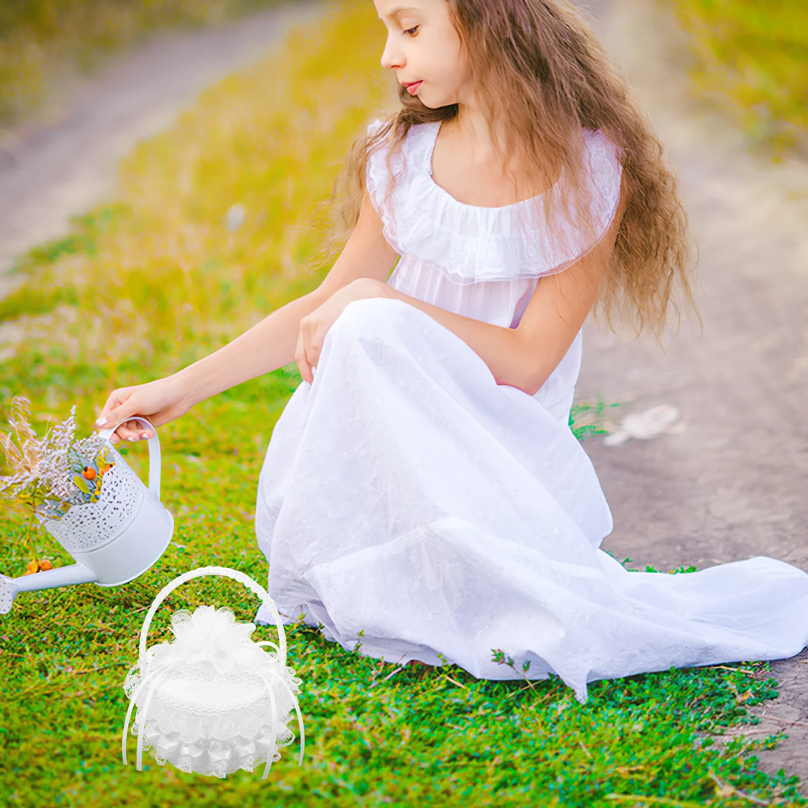 

Embroidered Wedding Ring Box Pearl Handle Mini Satin Basket White Lace Flower Basket Heart Shaped Ring Pillow Proposal