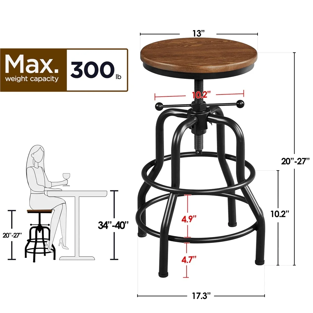 Rustic Industrial Bar Stool Adjustable Height Kitchen Counter Stool with Solid Pinewood Seat Metal Frame Dining Room Bar