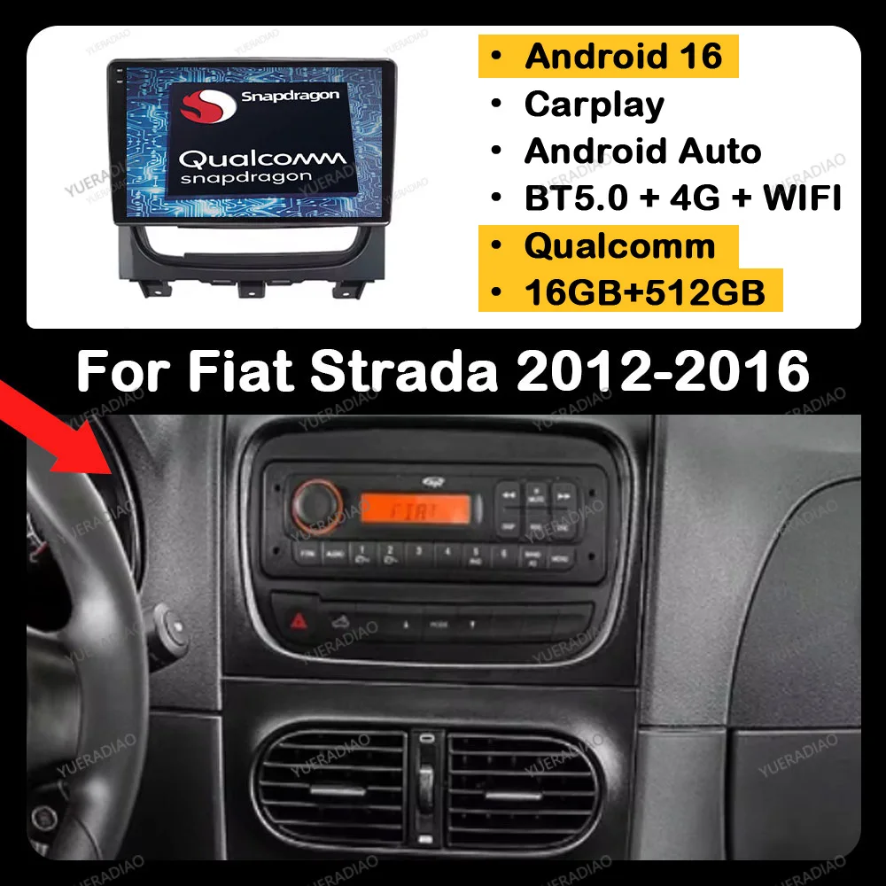 Radio para Auto con Android 16 para Fiat Strada Idea 2012-2016, Reproductor Multimedia Estéreo, Video, 4G LTE, 5G WIFI, GPS, Navegación, QLED, BT, Unidad Principal