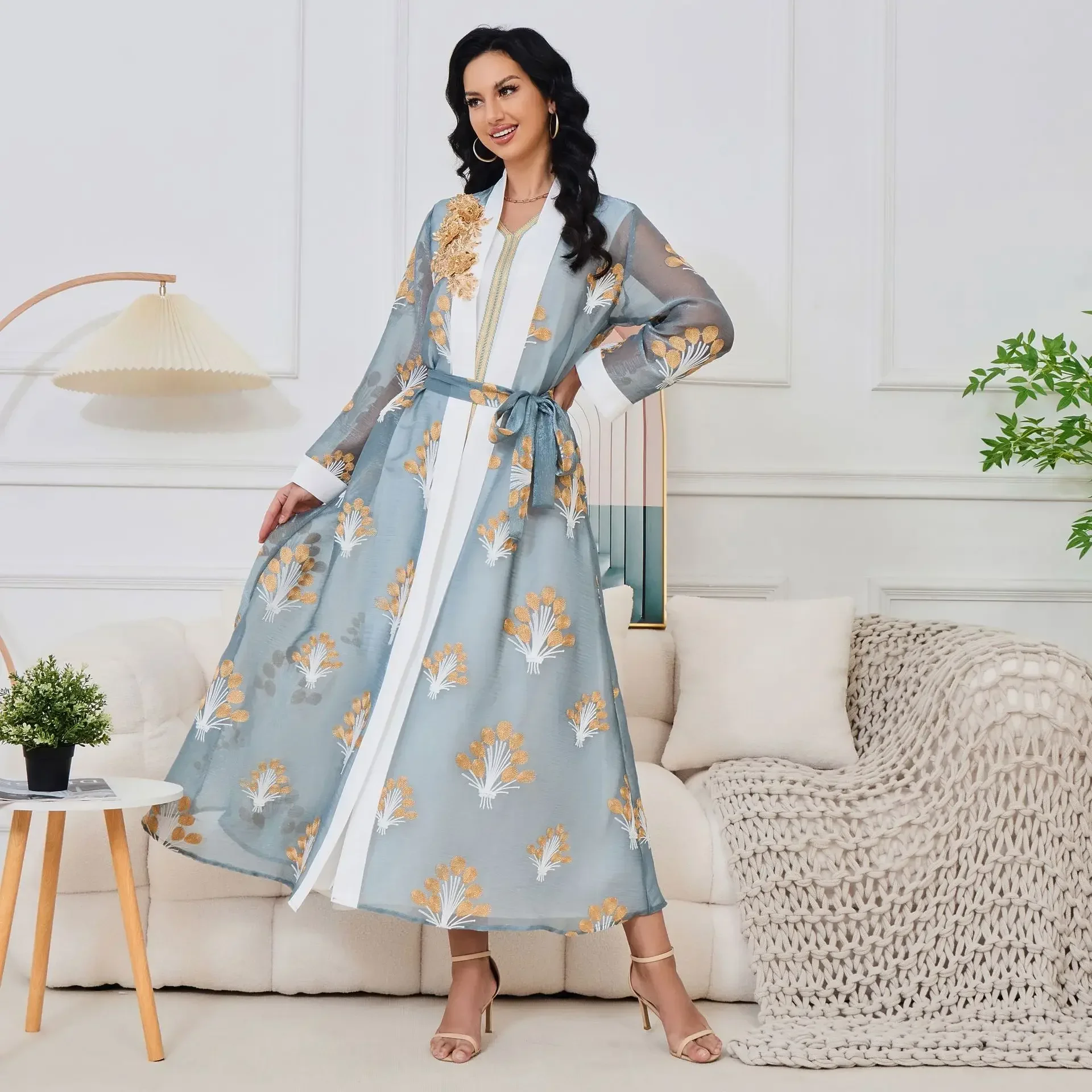 Muslim Set Embroidery Bead Two-piece Commuter Nationality Dresses for Women Eid Long Sleeves Robe Jalabiya Ramadan Muslim Dress