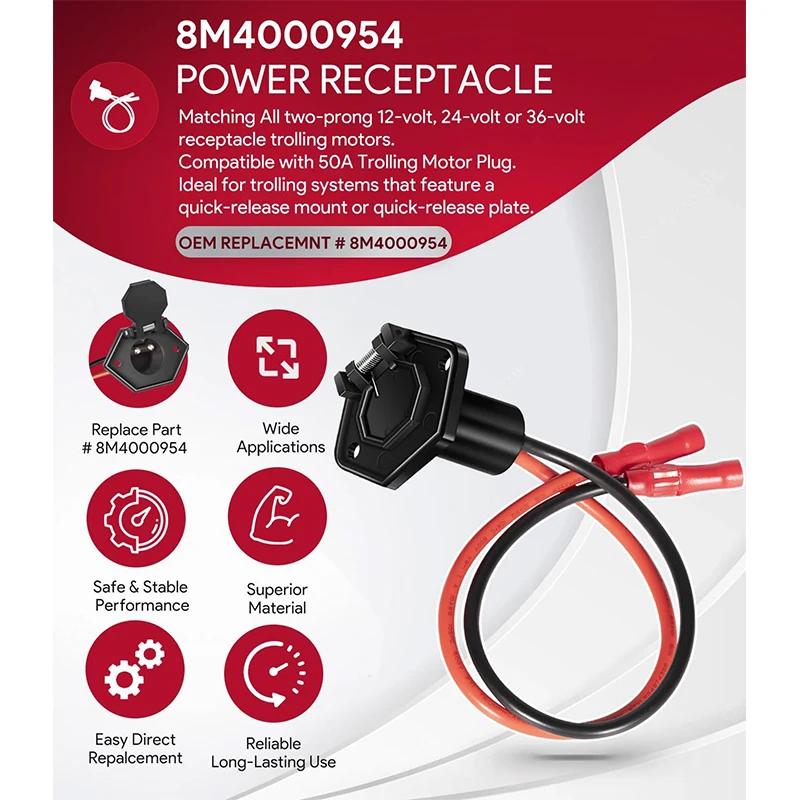 8M4000954 Trolling Motor Power Receptacle, 2-Prong 12V, 24V or 36V Trolling Motors, for Bow-Panel Installation