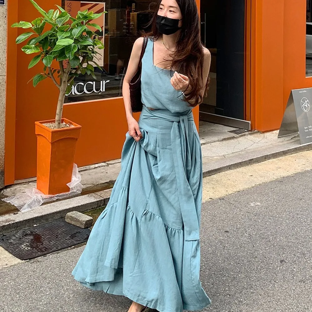 Women's Summer Vintage Holiday Skirt Matching Set 2 Two Pieces Sets Square Collar Crop Tops and High Waist Bandage Skirts 2025