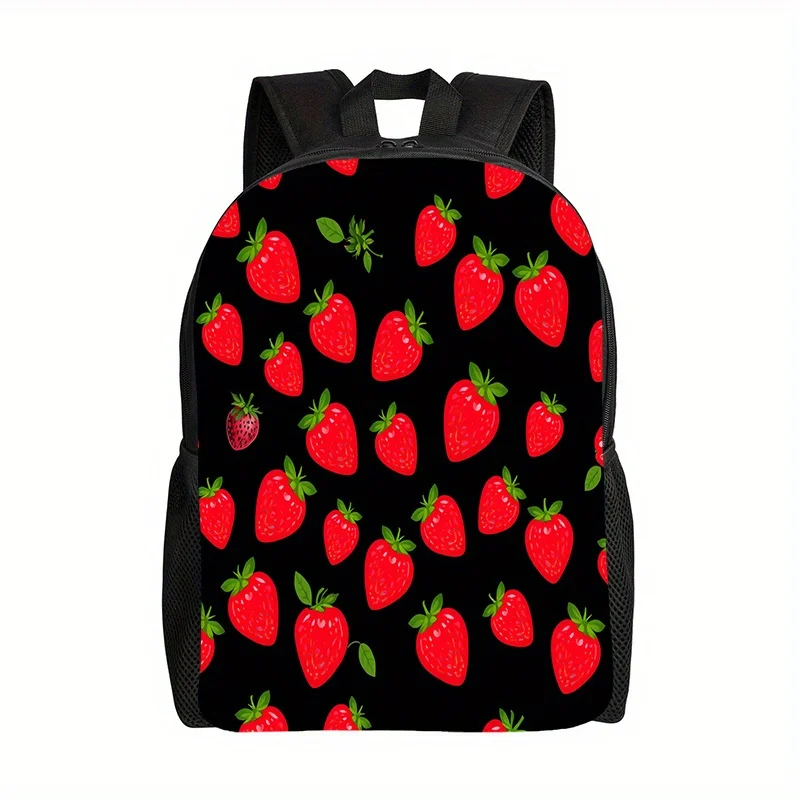 

1 strawberry print backpack with strawberry and leaf design - cute red and black school backpack with green leaf trim