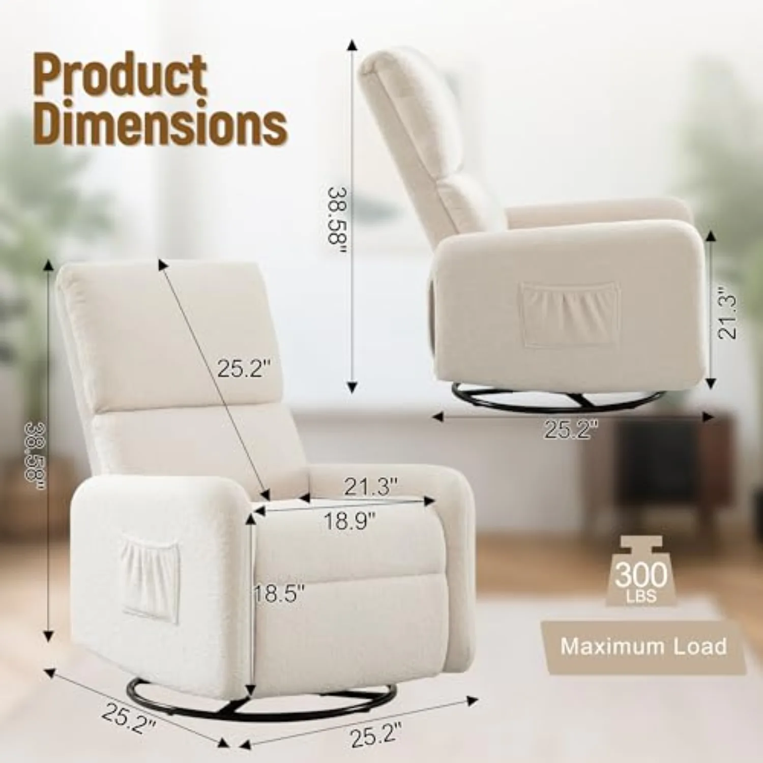 360° Rocking Chair, Nursery Rocker Chair with Side Pockets, Glider Nursing Chair with Steel Structure Base, Small Chair