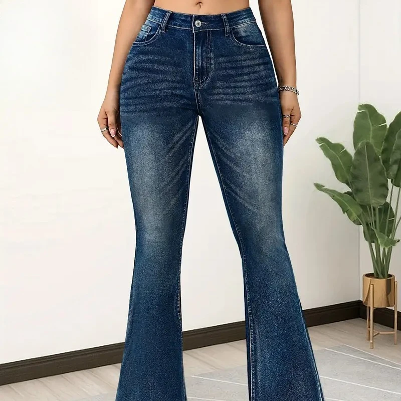AOSSVIAO Pantalones vaqueros para mujer, pantalones vaqueros acampanados de cintura alta con botones y elásticos, pantalones ajustados lavados versátiles informales de estilo americano