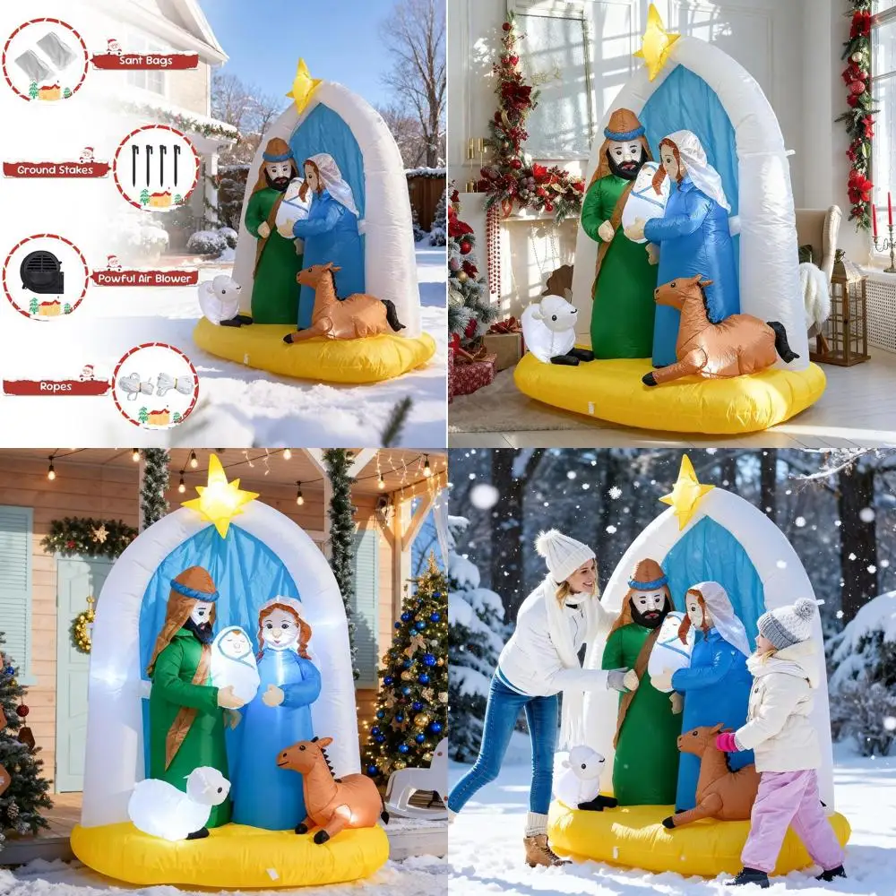 

6-футовая надувная рождественская сцена со светодиодной подсветкой, уличное рождественское украшение для газона, в комплект входит Мэри, Джозеф, Малыш Иисус, овца и