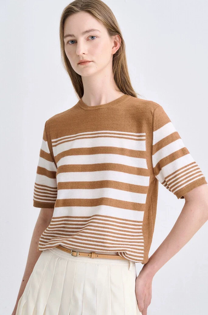 

T*ME Casual Stripe Design Slim Fit ort Sve Knitted Sweater Korean Sle Commute Faion Loose pe round Ne Top