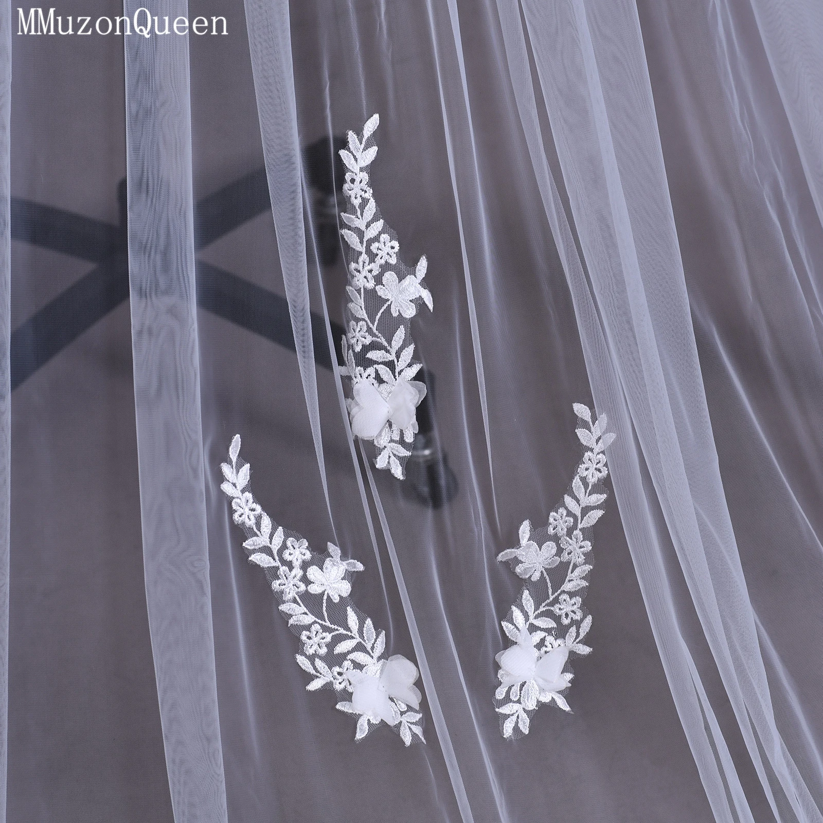 TOPQUEEN V150 Bridal Veil 3d Flower Veil Cathedral Length Applique Lace Wedding Veil White Ivory Long Veil Customizable